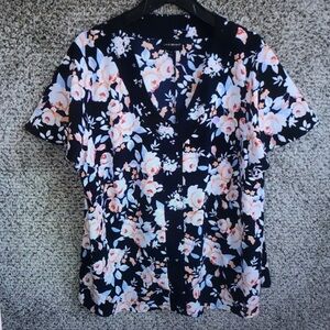 Floral V-Neck Women’s Top - Navy with Pink & White Flowers
